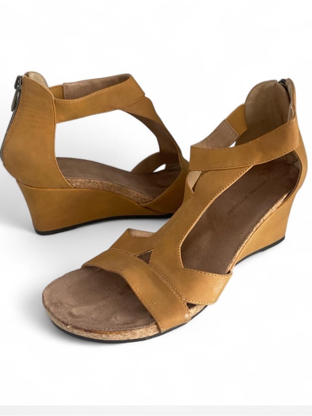 ADRIENNE VITTADINI TAN LEATHER ZIP BACK OPEN TOE WEDGE SANDALS SIZE 9.5